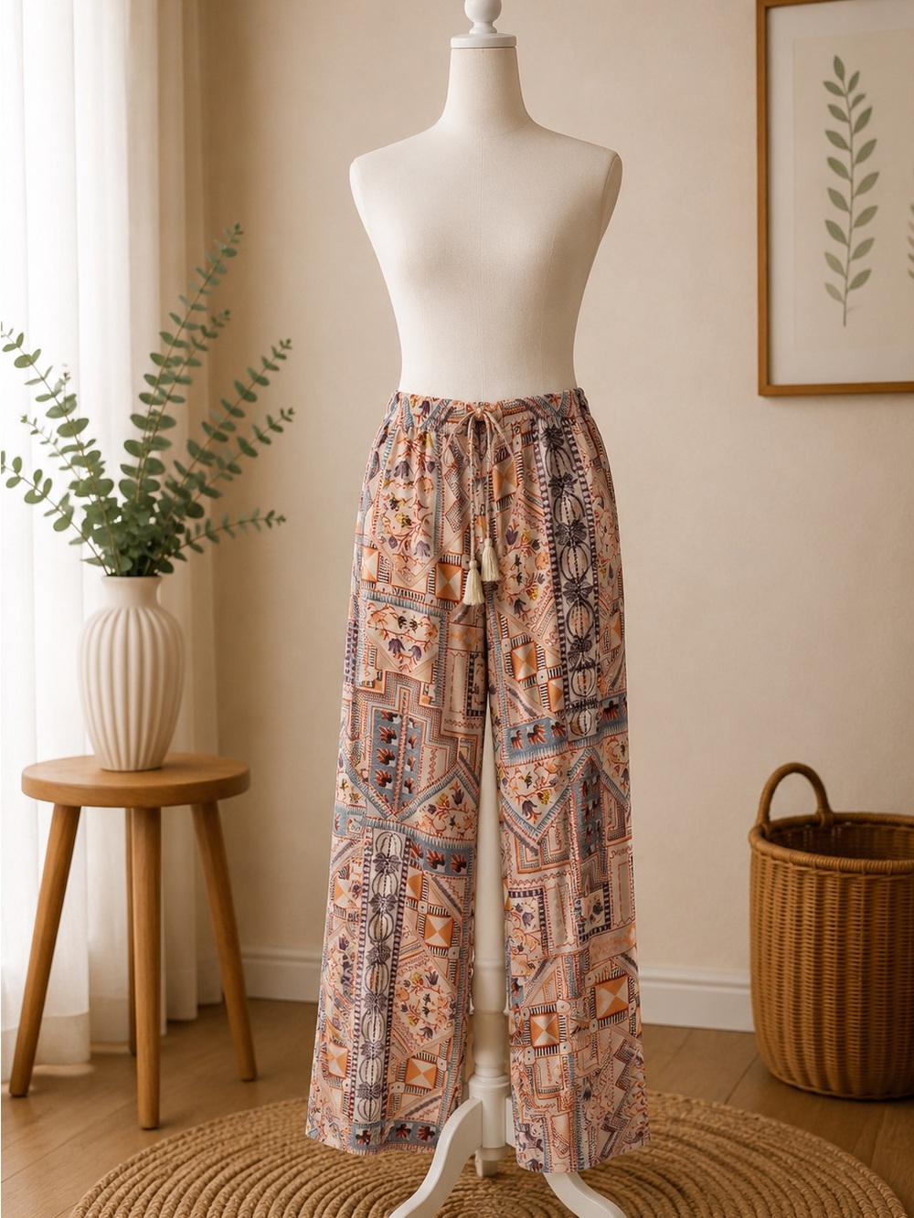 Johnny Was Jade NWOT Silk Wide Leg Pants XL Boho Resort Tassel Drawstring